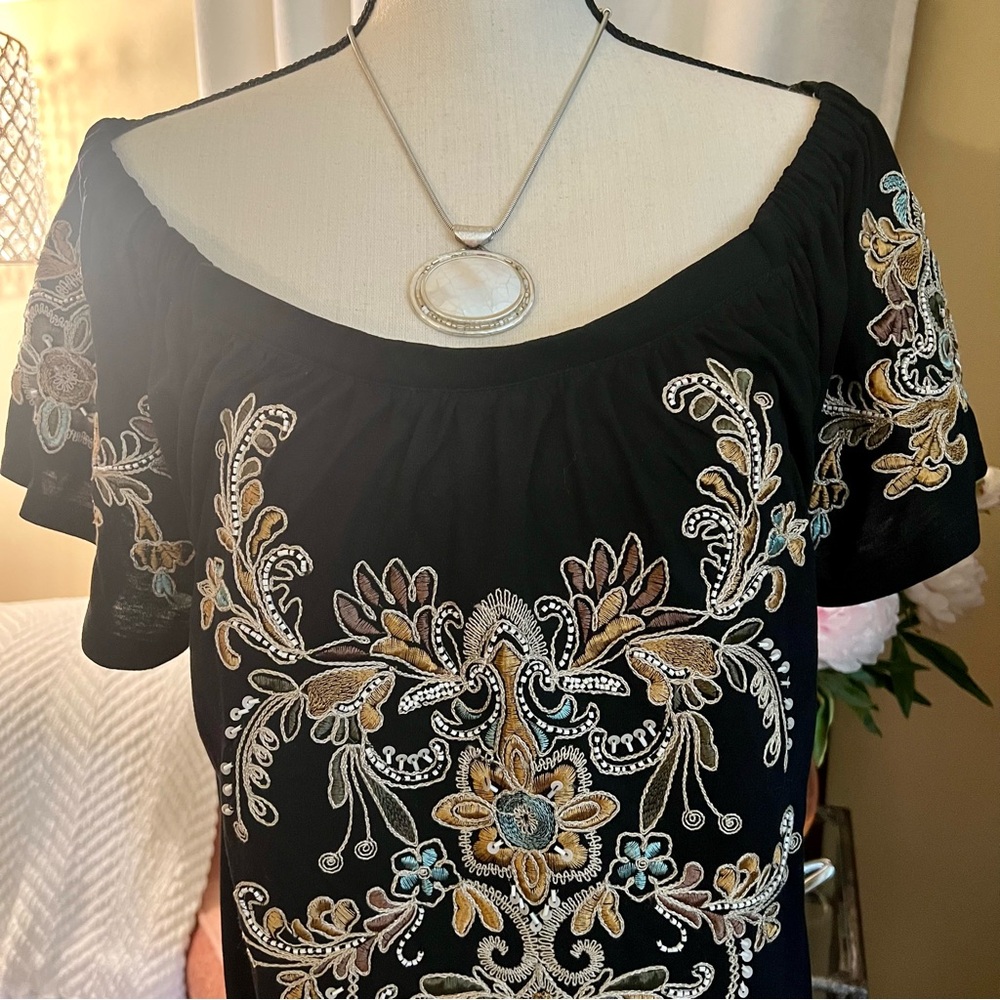 INC International Concepts Embroidered Black Blouse with Beaded Details